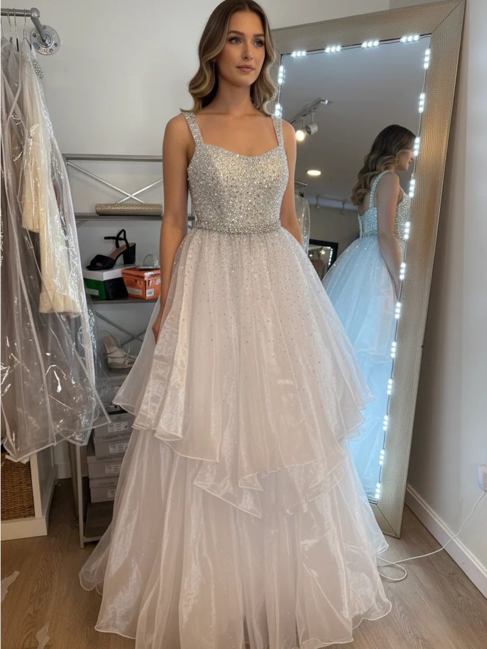 Ava Presley Beaded Silver-White Tulle Ball Gown Dress
